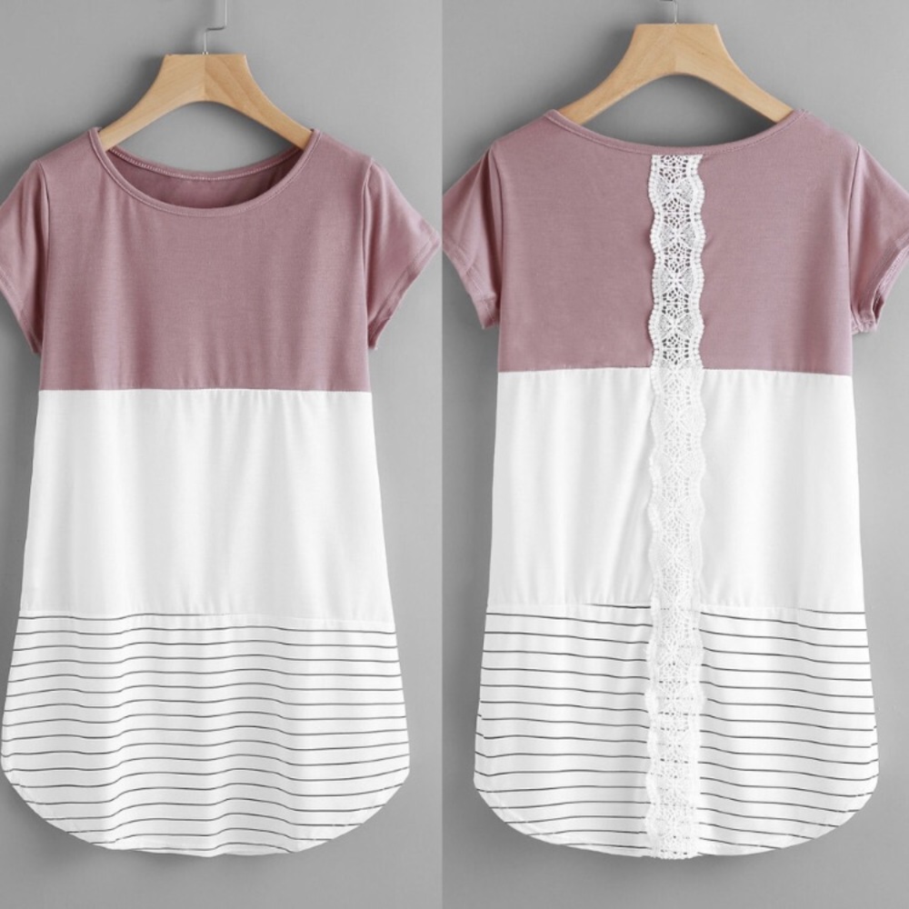 Trim color lace back tunic top